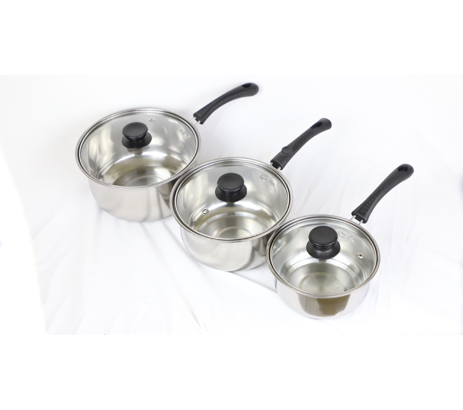 Set Of 3 Induction Non Stick Stainless Steel Cookware Kitchen Glass Lids Pot Pan 13