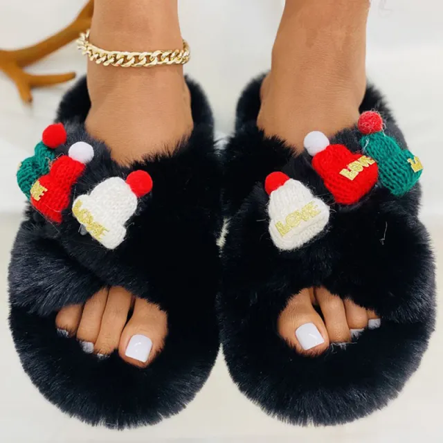 Christmas Hat Decoration Super Hairy Women's Slippers Black - Shop at LoveMi