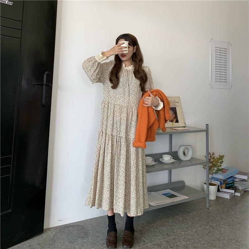 Fragmented Flower Dress Long Sleeve Spring Autumn Winter White - Shop at LoveMi