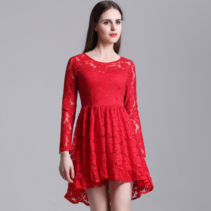 Round Neck Long Sleeve Hollow Lace Female Dress
