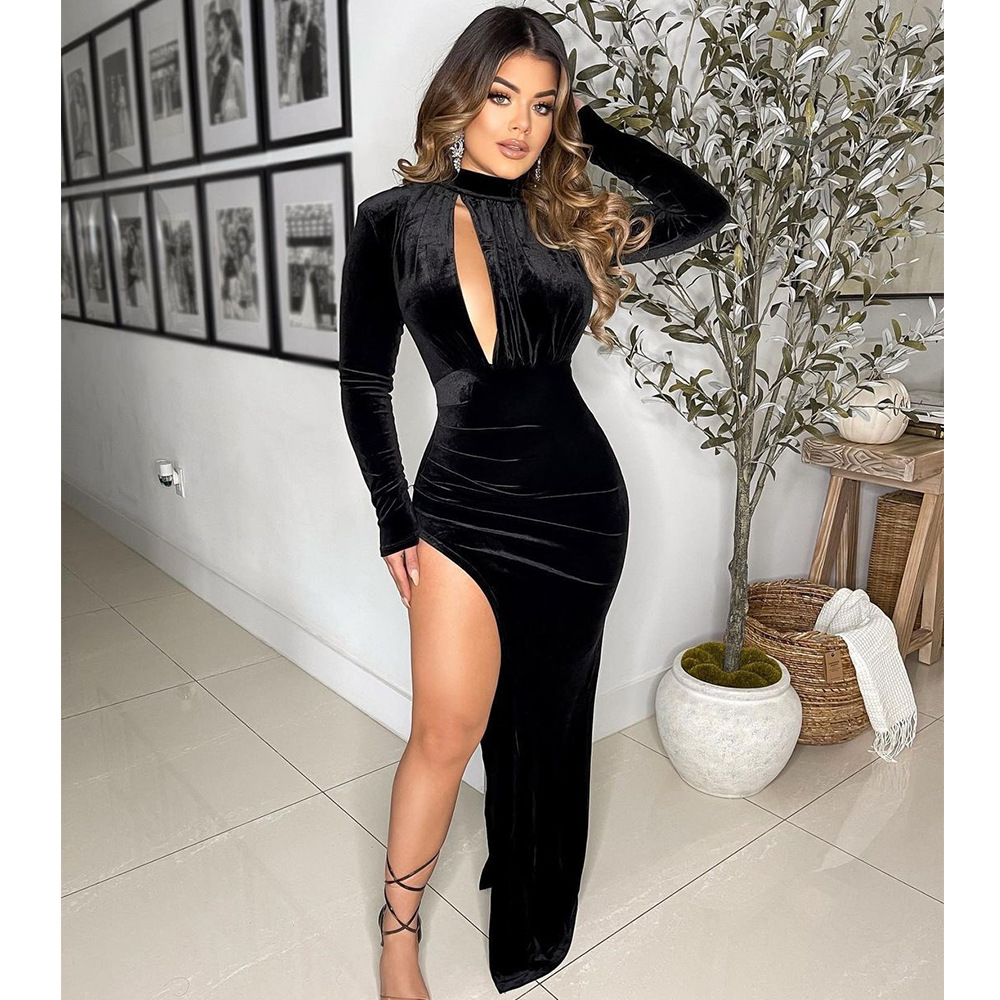 Women's Fashion Irregular Slit Hollow Long Sleeve Dress - Picture 3 of 5