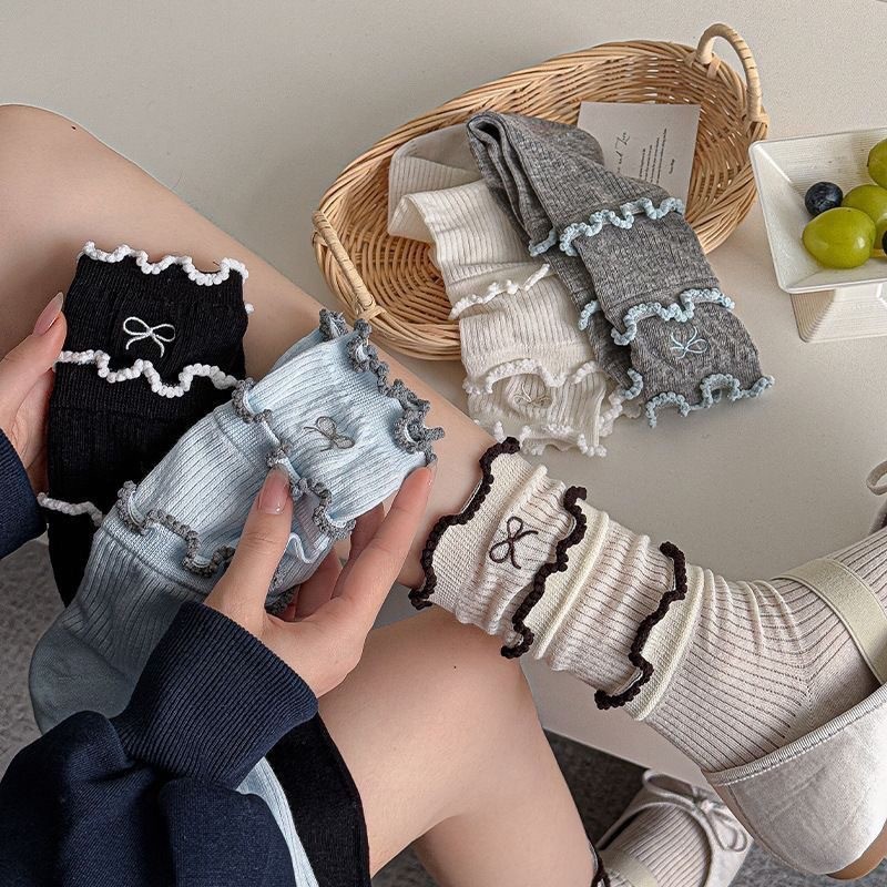5pairs Mixd Color Pile Up Long Socks, Breathable Mid Tube Trendy Socks, Butterfly Knot Embroidered Women's Lace Socks