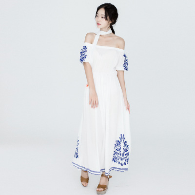 Ladies Fashion Personality Off-the-Shoulder One-Line Neck Long Dress