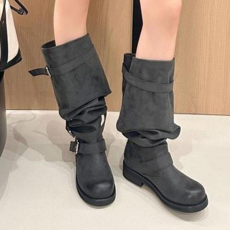 Vintage Wide Calf Ruched Slouch Women Boots Chunky Heel Tall Western Cowboy Knight Boots