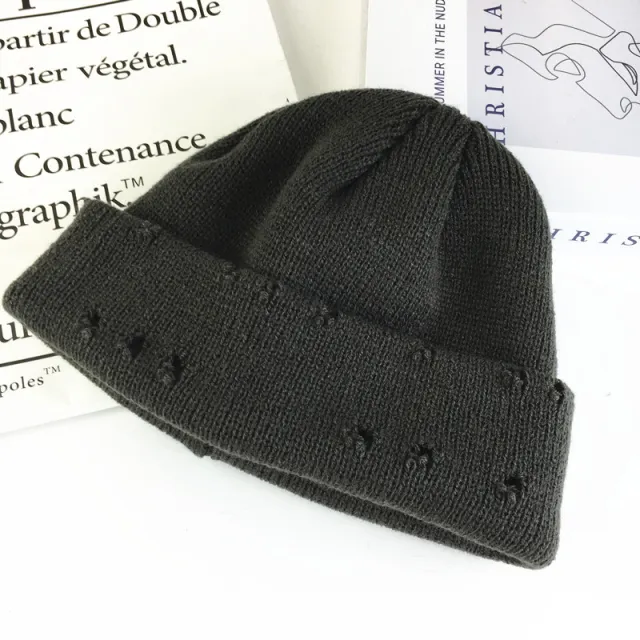 Autumn And Winter Hole Knit Woolen Hat Dark Grey - Shop at LoveMi