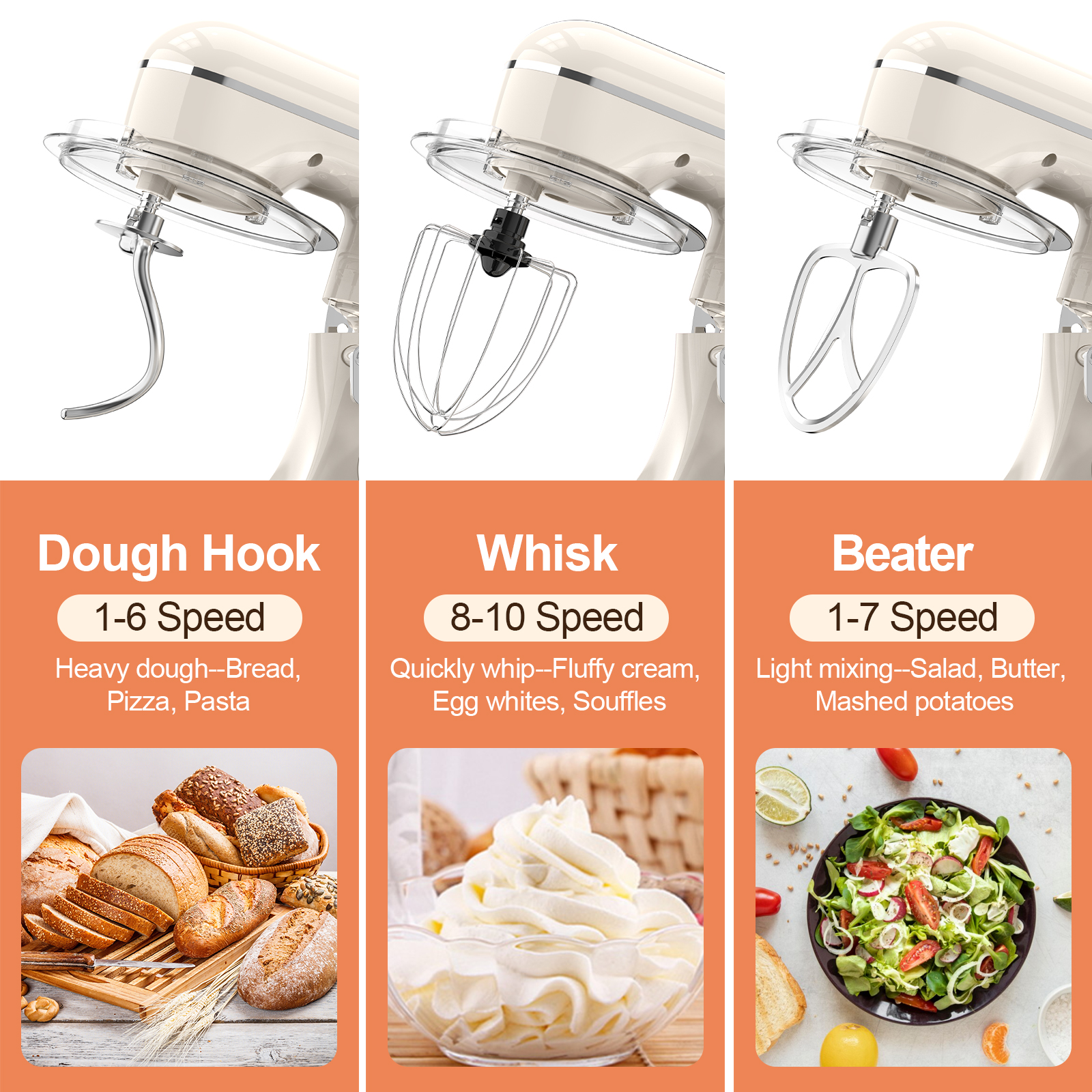 3-IN-1 Electric Stand Mixer, 660W 10-Speed With Pulse Button, Attachments Include 6.5QT Bowl, Dough Hook, Beater, Whisk For Most Home Cooks, Almond Cream