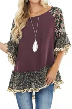 Women's Doll Sleeve Colorblock Leopard Floral Print T-Shirt - Purple - View 1