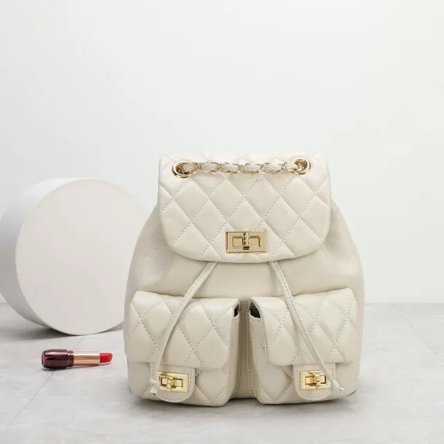 First Layer Cowhide Rhombus Chain Backpack Advanced Texture All matching Beige - Shop at LoveMi
