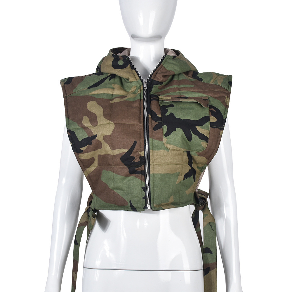 Women's New Denim Filled Cotton Hollowed Out Binding Hooded Trend Vest Camo - Shop at LoveMi