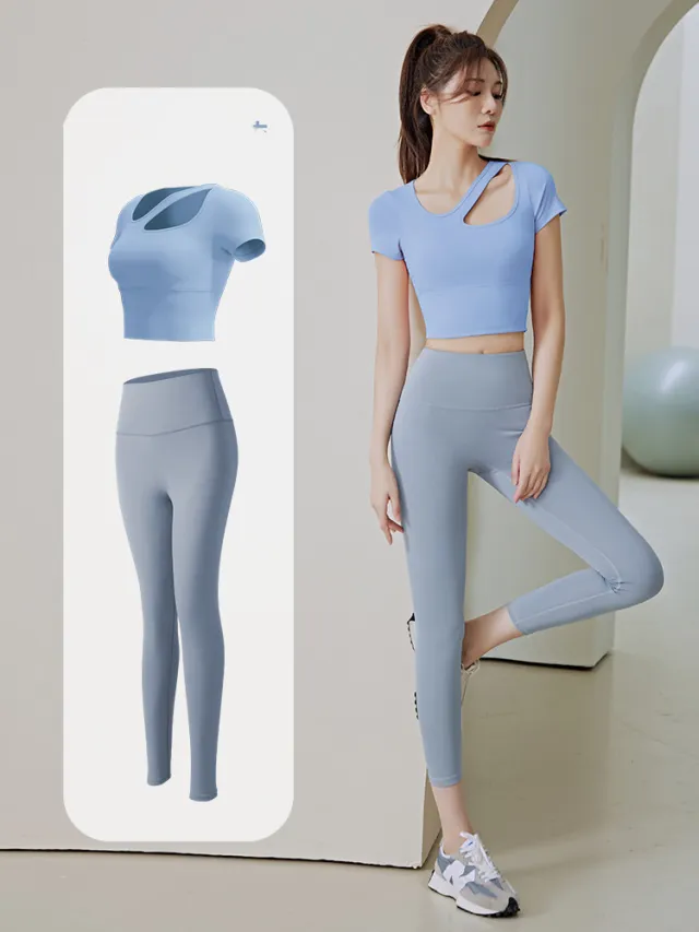 Breathable Professional Slimming Running Quick drying Sports T shirt Grey Lake Blue Bra Set - Shop at LoveMi
