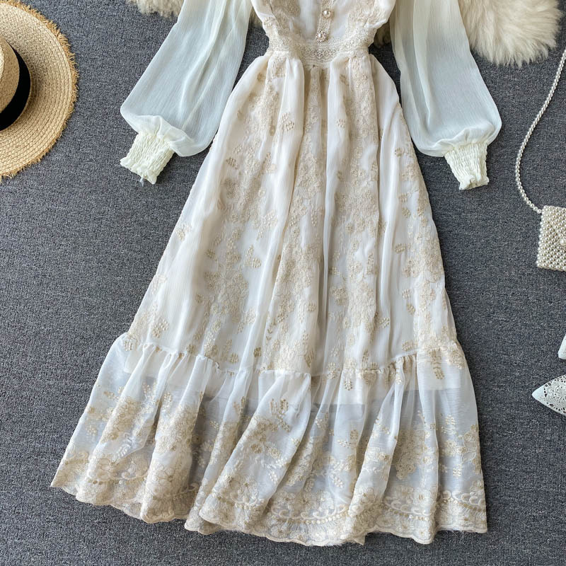 Embroidered Lace Square Neck Slim Long Ruffle Skirt