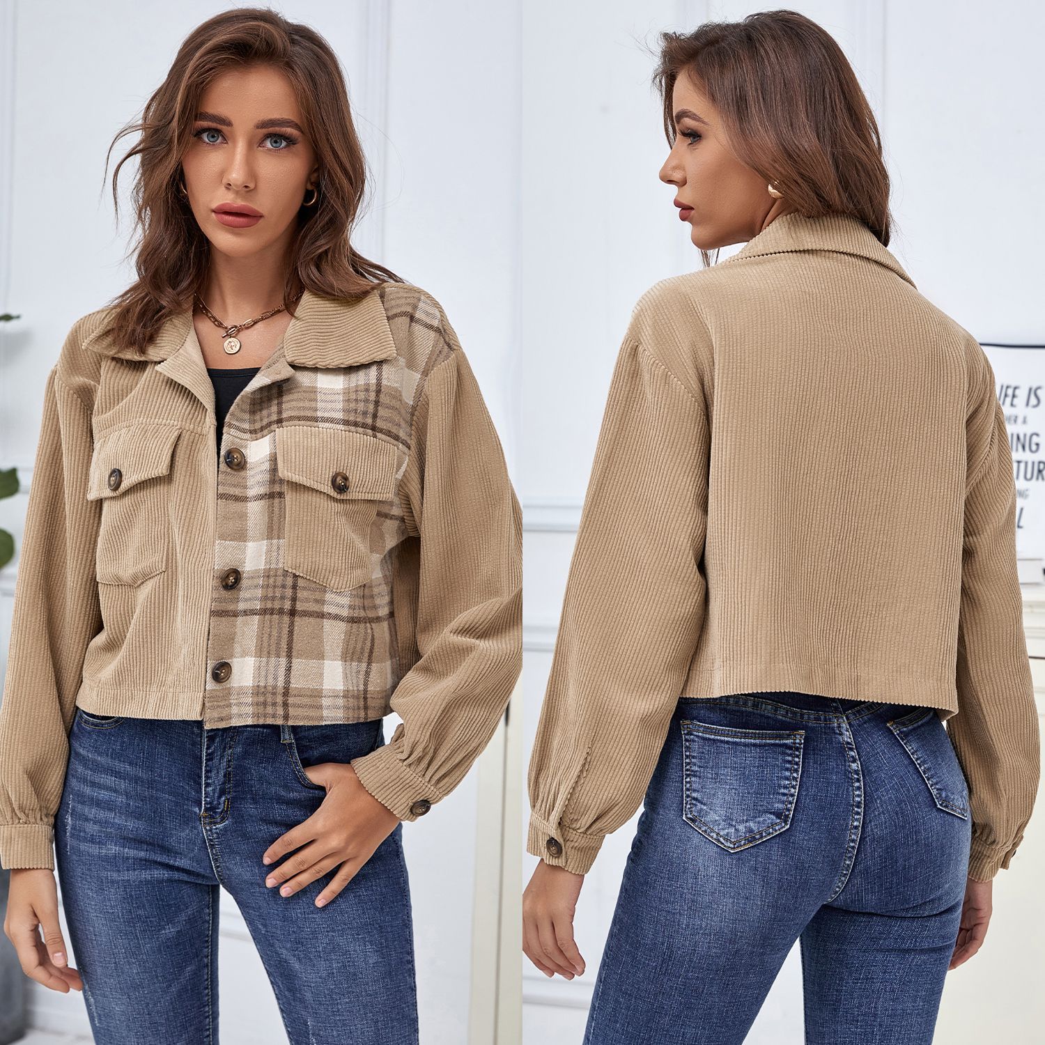 Title 2, Ladies Autumn And Winter Stitching Plaid Cordur...