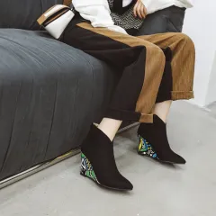 Winter Pointed Toe Wedge Heel Side Zip Floral Ankle Boots - Black - View 1