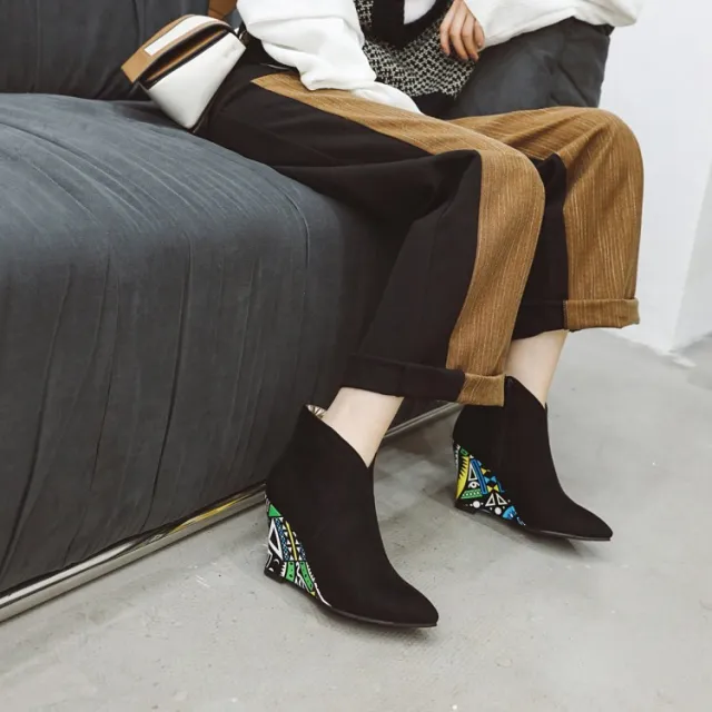 Winter Pointed Toe Wedge Heel Side Zip Floral Ankle Boots Black - Shop at LoveMi