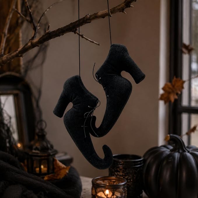 Halloween Witch Shoes Hanging Ornament, 3D Witch Boot Decor With 24 Bats For Door, Wall, Tree, Porch And Party Decorations 1