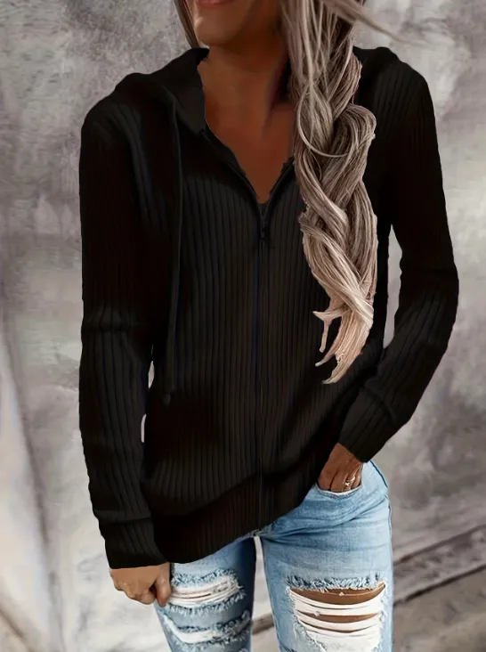 Zip Up Drawstring Hoodies, Casual Soldi Long Sleeve Sweatshirt - Black