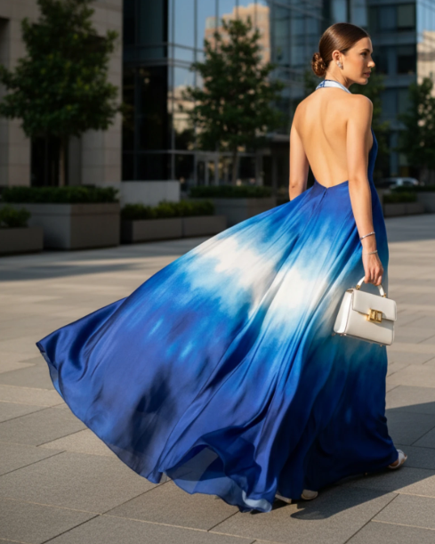 Ombre Halter Backless Maxi Dress Elegant Blue Gradient Evening Gown Blue - Shop at LoveMi