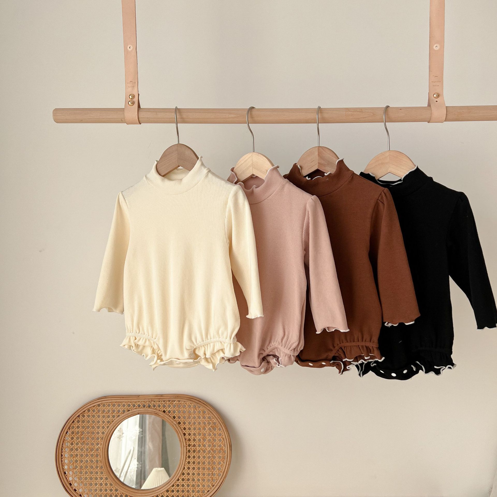 Half High Collar Baby Cotton Long Sleeved Romper With Wooden Ear Edge