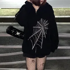 Women Hooded Zipper Alphabet Butterfly Sweater - Black1 - View 1