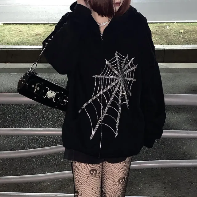 Women Hooded Zipper Alphabet Butterfly Sweater Black1 - Shop at LoveMi