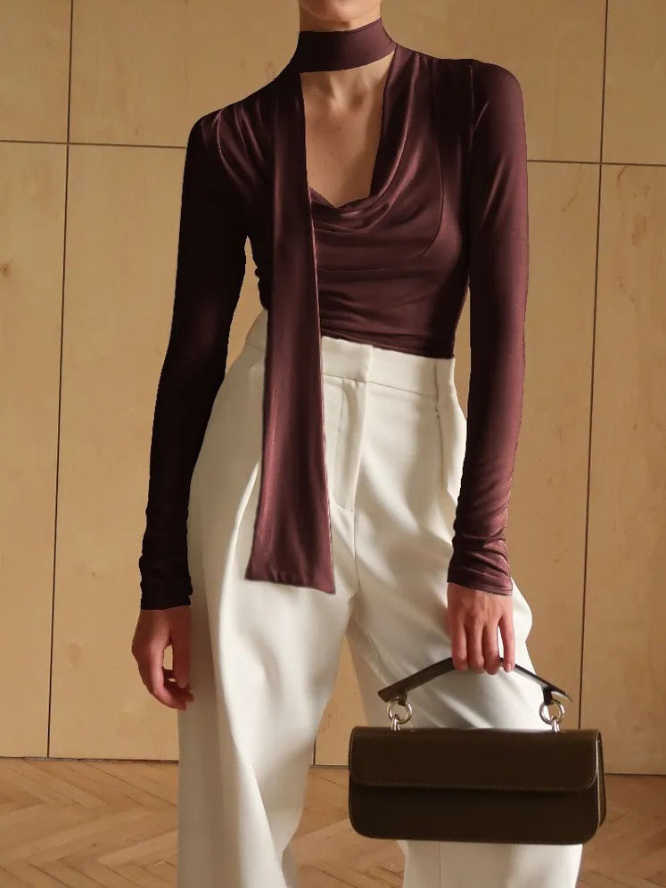 Ribbon V-neck Scarf Long-sleeved Base Shirt - Image 26
