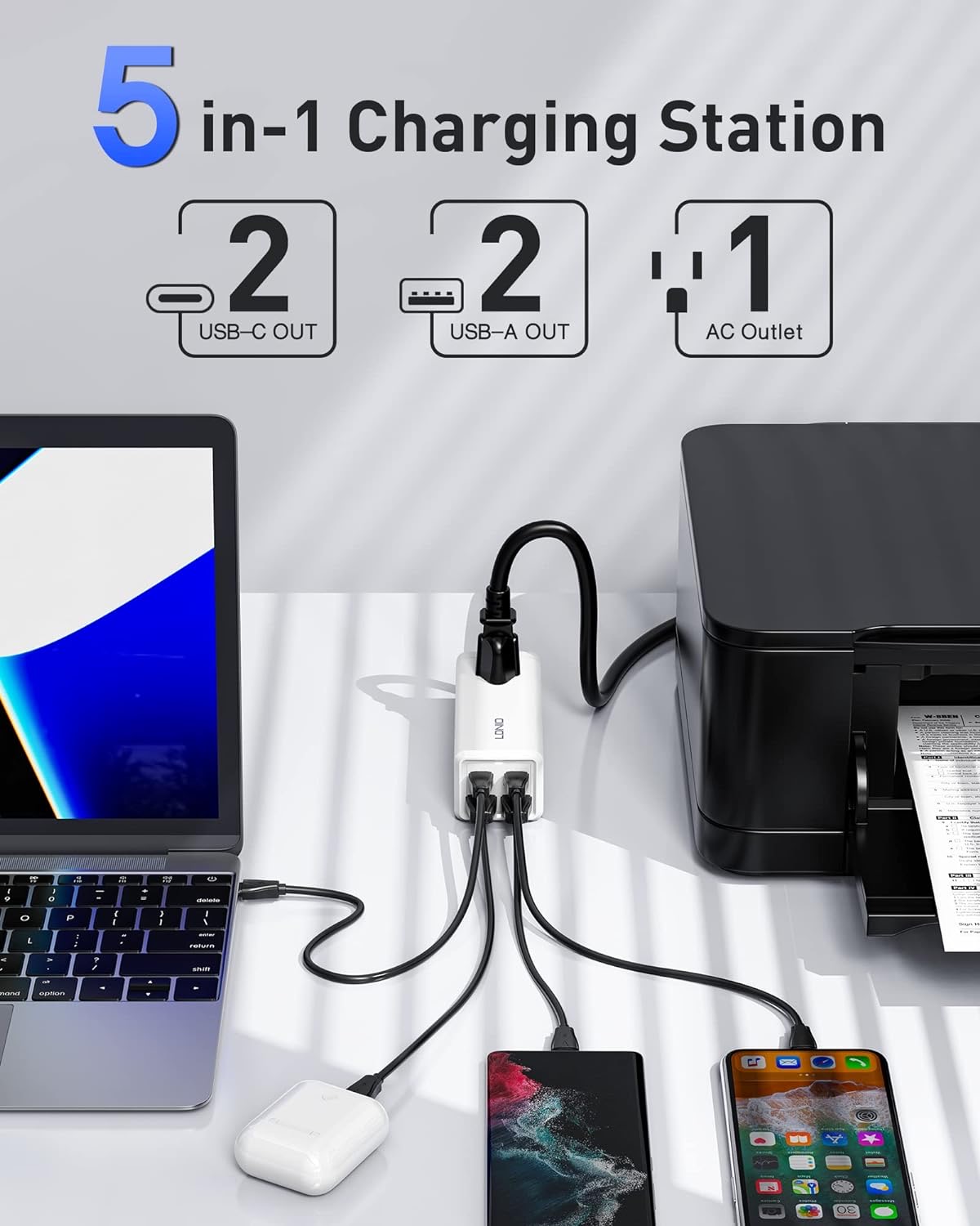 MANTO 65W 5-in-1 GaN USB Charging Station - Wide Compatibility, Portable Design, Fast Charging GaN Technology, ETL Certified, 5-in-1 GaN USB C Charger, 65W High-Speed Charging, Powerful Output Distribution.