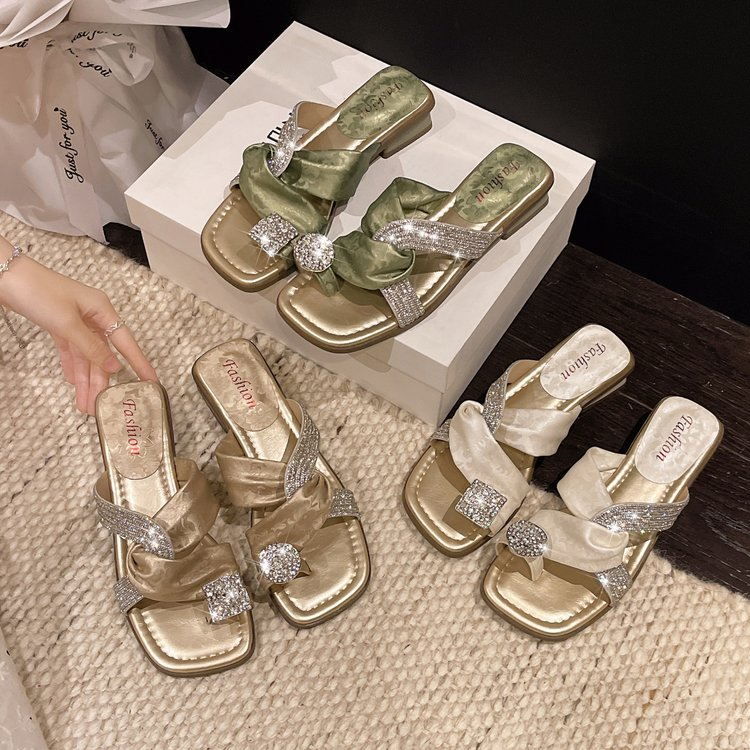 2026 Summer New Fairy Style Rhinestone One-strap Slide Sandals For Women, French Style Low-heel Thong Slippers For Dresses