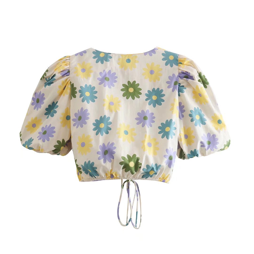 Title 5, Collar Floral Print Puff Sleeve Cropped Tie Top