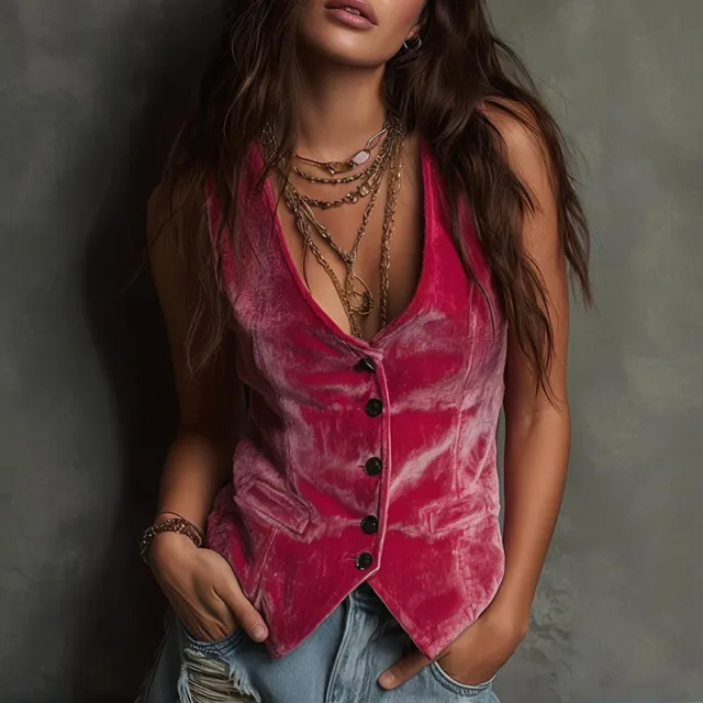 Women's Bohemian Vintage Sleeveless Vest Solid Color Western V Neck Button Down Waistcoat For Spring Summer Layering Red - Shop at LoveMi