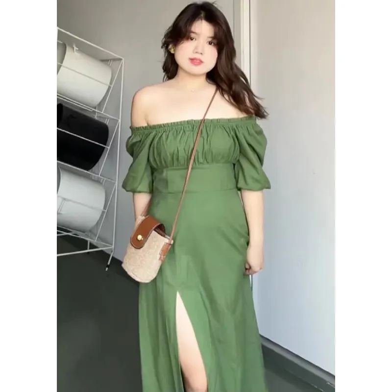French Vintage Bubble Sleeve Square Neck Pleated Dress - Green