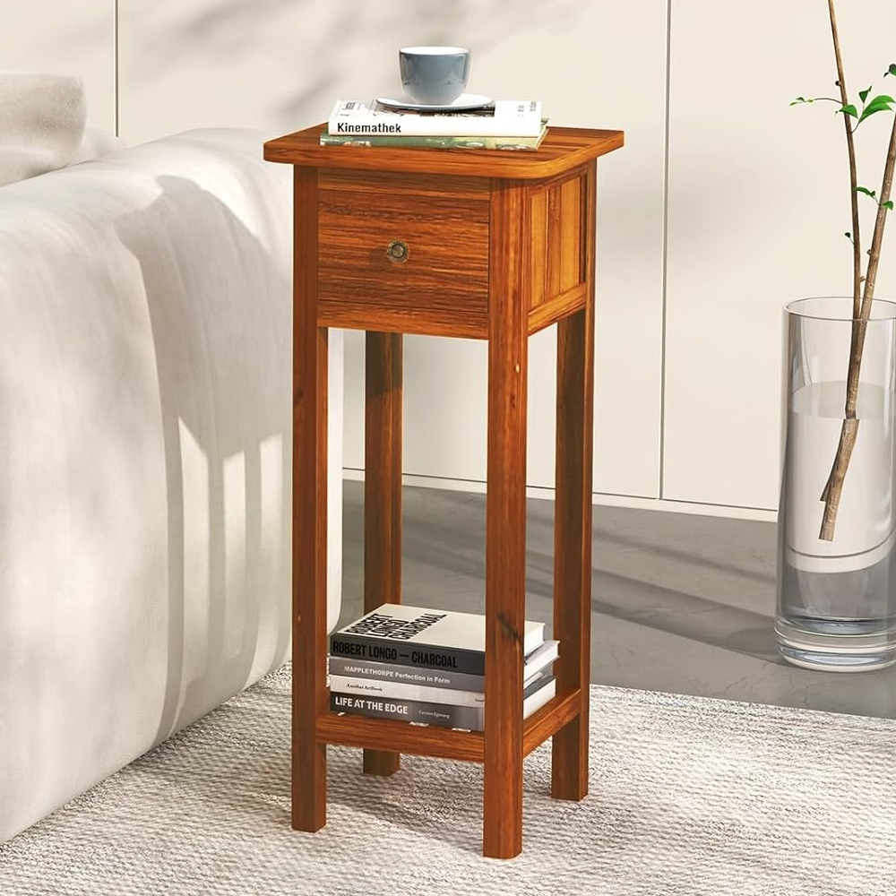 2 Tier Slim Nightstand Bedside Table With Drawer Shelf_voghion.com