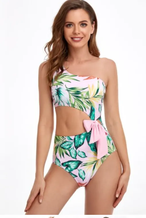 One piece Swimsuit Oblique Shoulders And Waist Printing L - Shop at LoveMi
