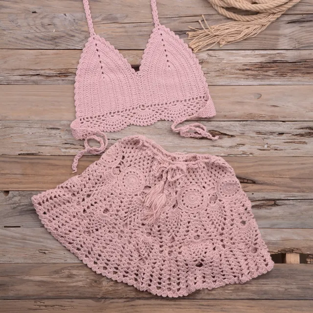 Fashionable Modern Hand woven Beach Vacation Strappy Bikini Split Swimsuit Outfit Pink - Shop at LoveMi