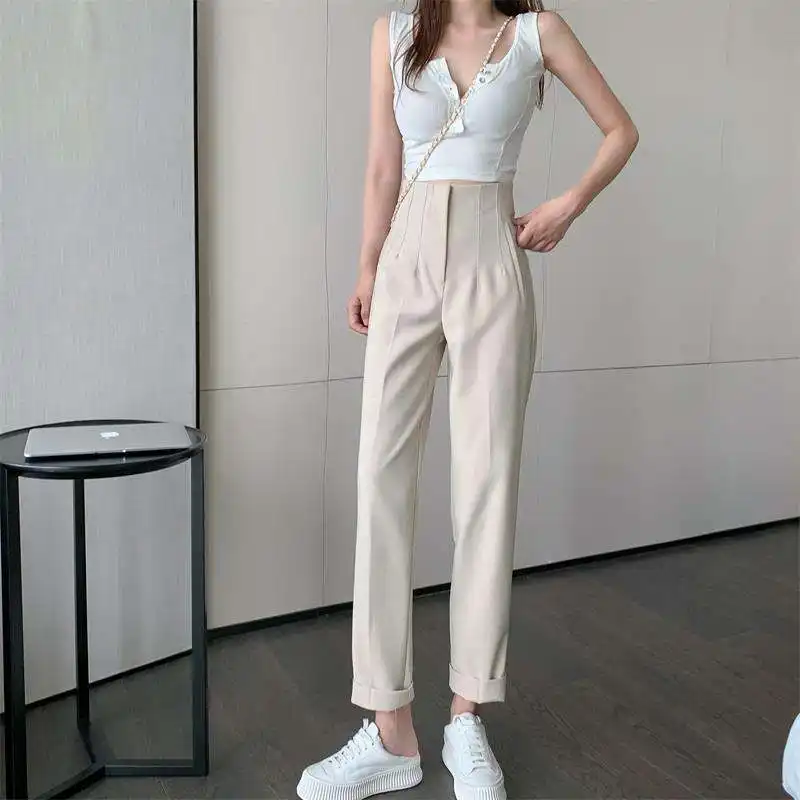 Women's Black Casual Summer High Waist Loose Suit Pants