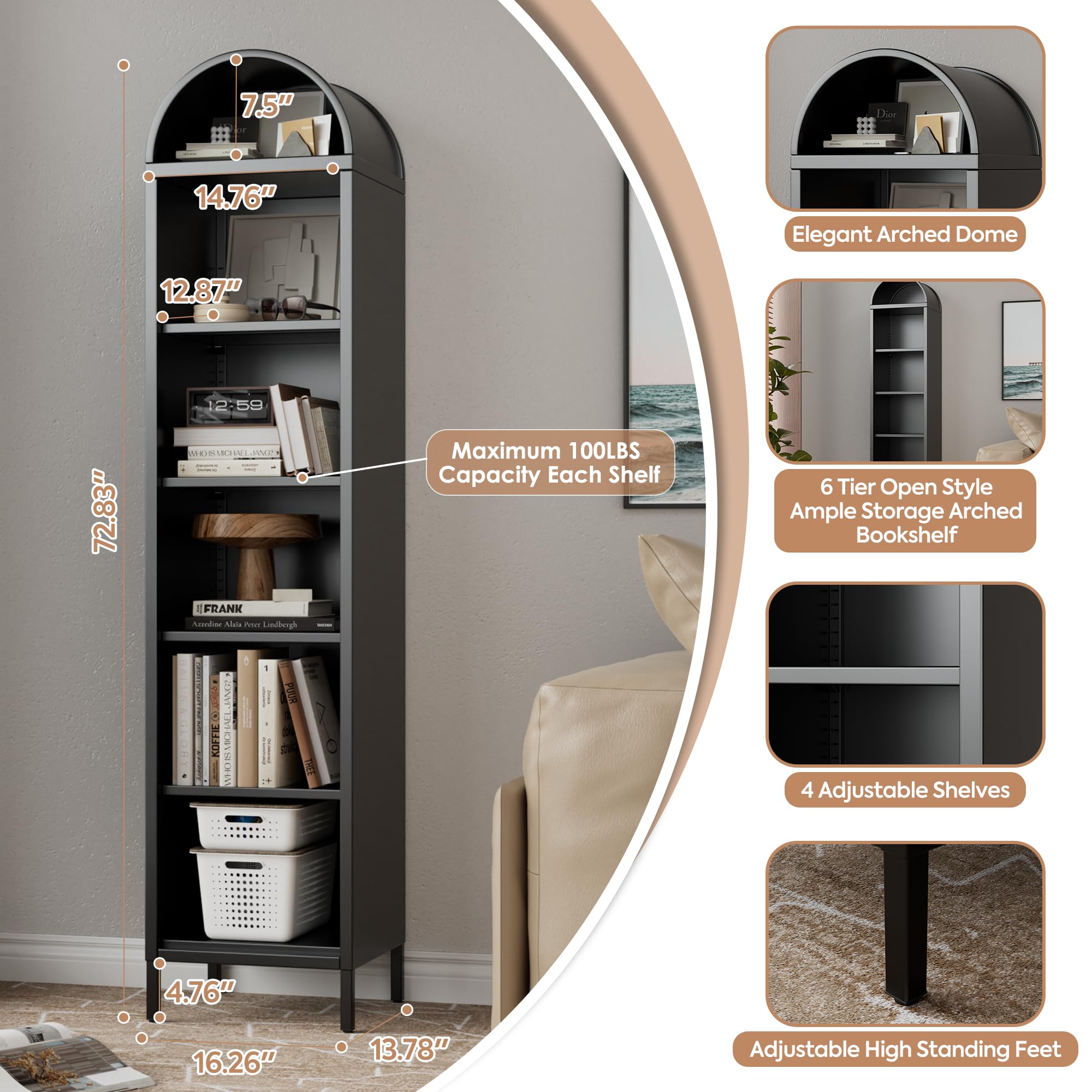 73''H Narrow Arched Bookshelf,6-Tier Metal Arch Bookcase,Freestanding Storage Organizer With 4 Shelves,Open Display Shelves For Living Room,Entryway,Bathroom,Black,Assembly Required