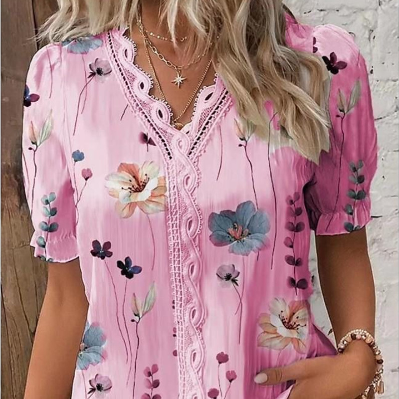 V-neck Holiday Fashion Floral Short Sleeve