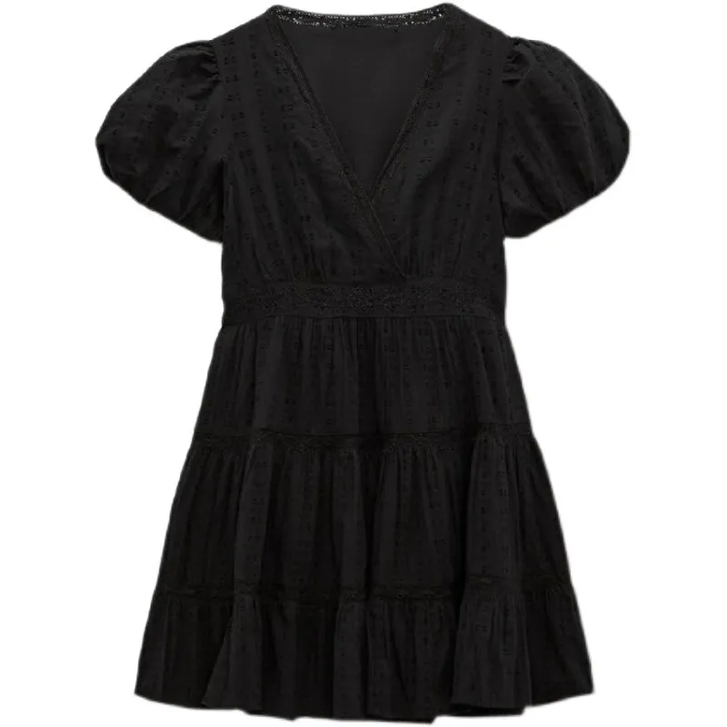 Women's Lace Decorative Puff Sleeve Dress Summer - Black