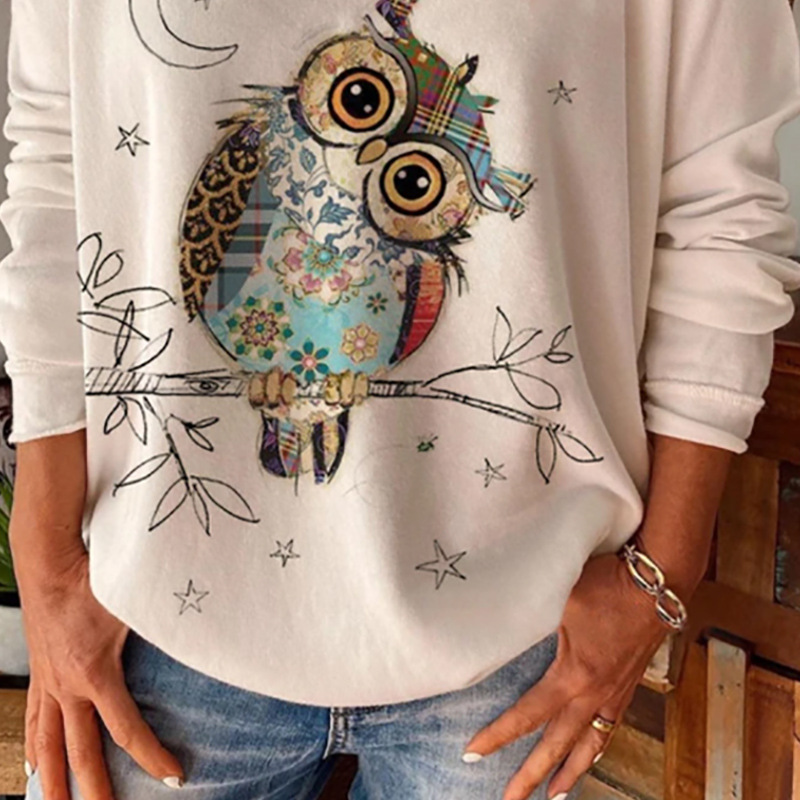 Title 3, Owl Animal Print Long Sleeved Round Neck Loose