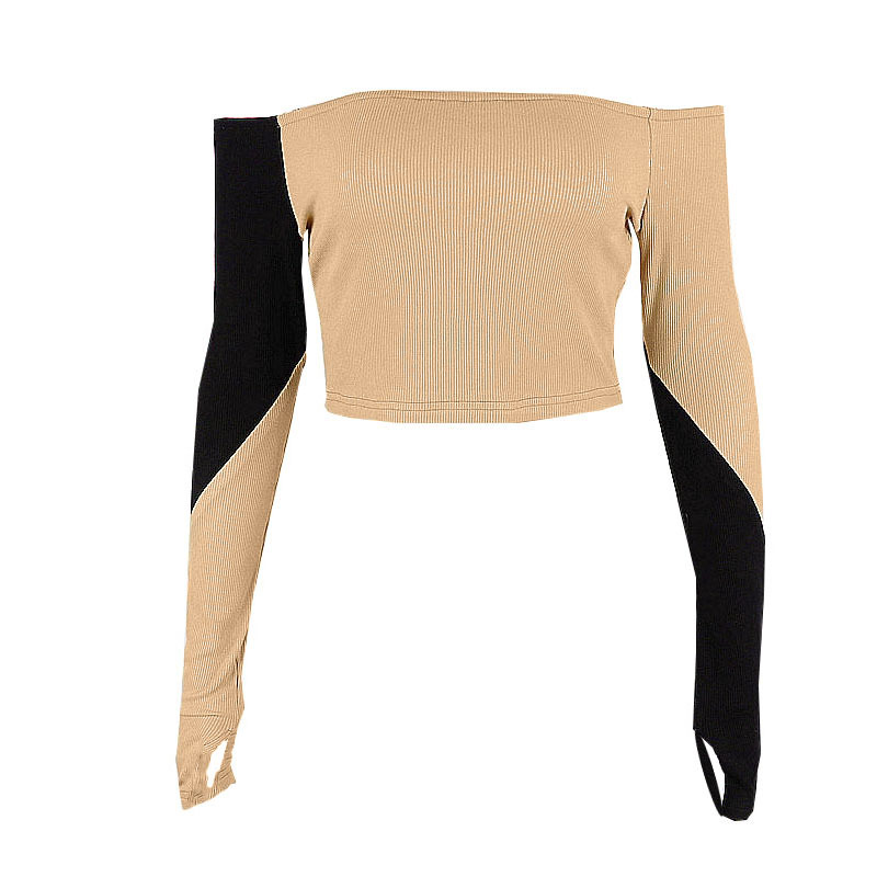 One-shoulder Long-sleeved Color-blocking Halter Short Bottoming Top