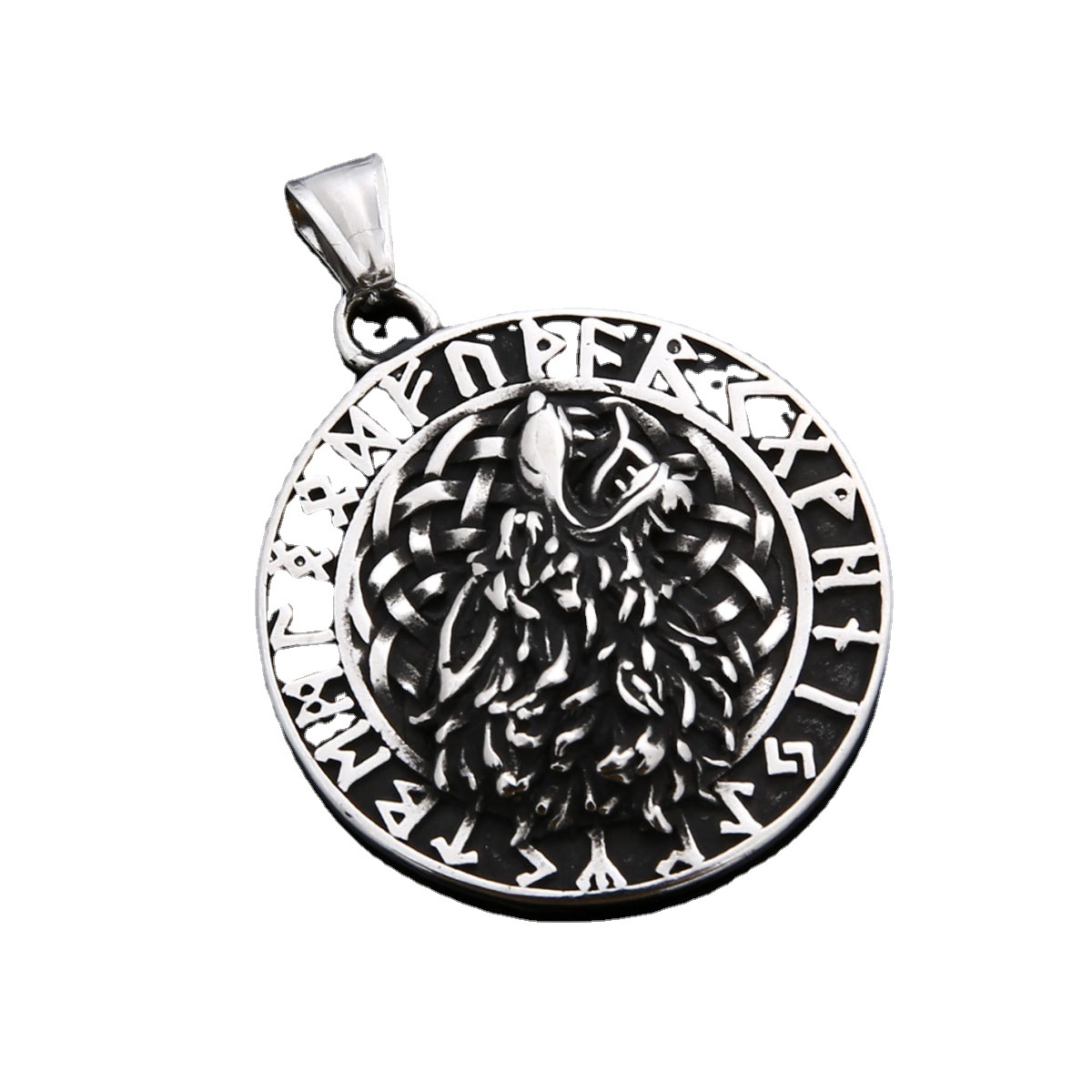 Stainless Steel Round Wolf Head Pendant Necklace