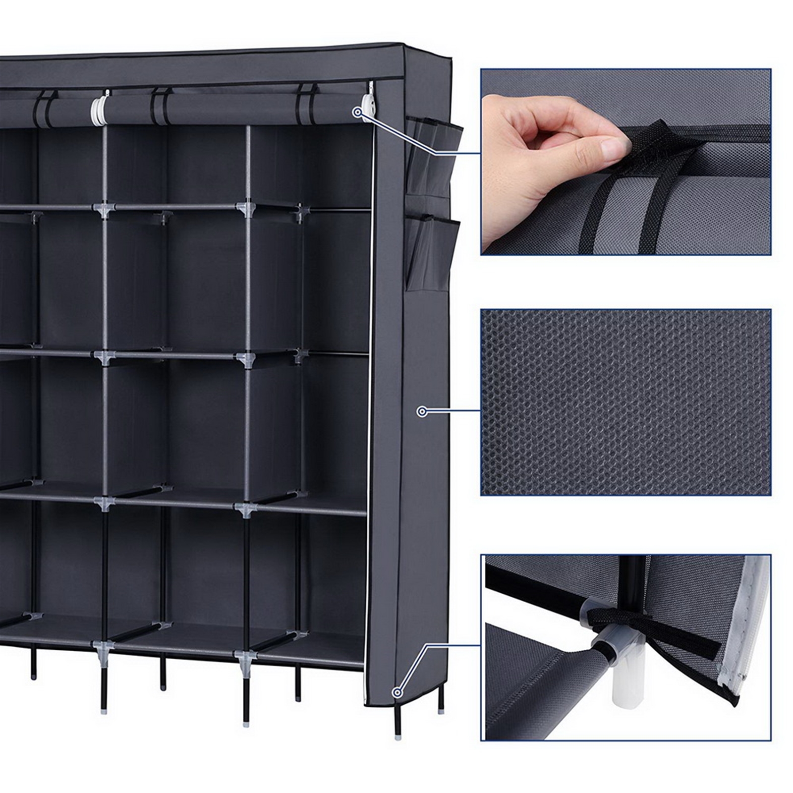 67 Inch Clothes Closet Portable Wardrobe Clothes Storage Rack 12 Shelves 4 Side Pockets Gray
