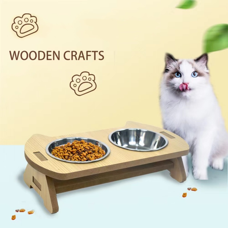 Cat Bowl Water And Food All-in-one Wooden Pet Bowl Feeder Cat Stainless Steel Bowl Anti-overturning Neck Protection