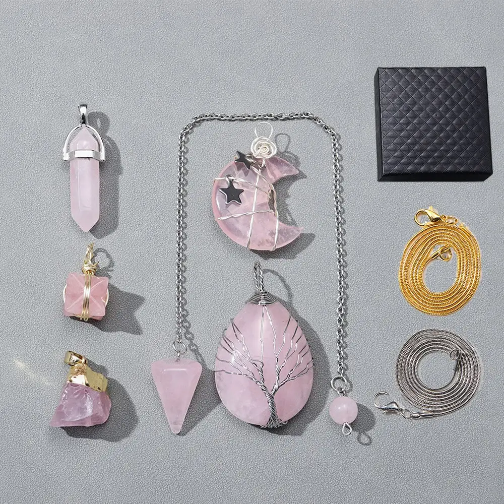 Natural Crystal Pink And White Original Stone Moon Water Drop Pendant Set Accessory Necklace