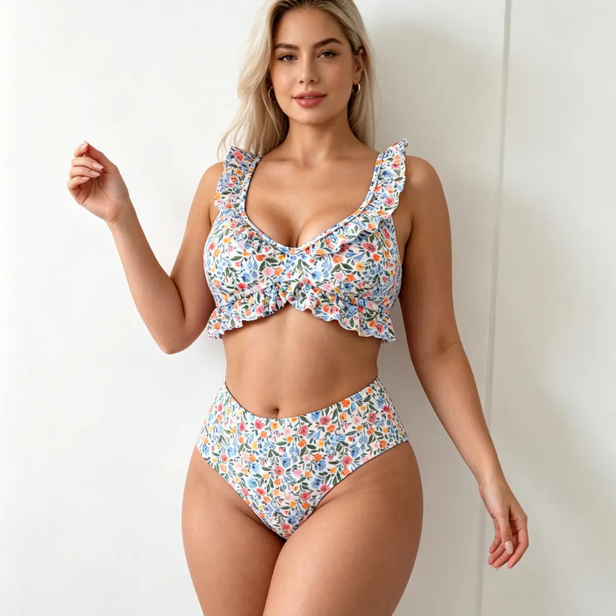 Women's Ditsy Floral Ruffle Bikini Set, V-Neck