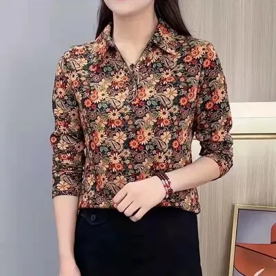 Long Sleeve T-shirt Top Female Belly Covered Collar Leggings Small Shirt Plus Velvet - Blue Daisy
