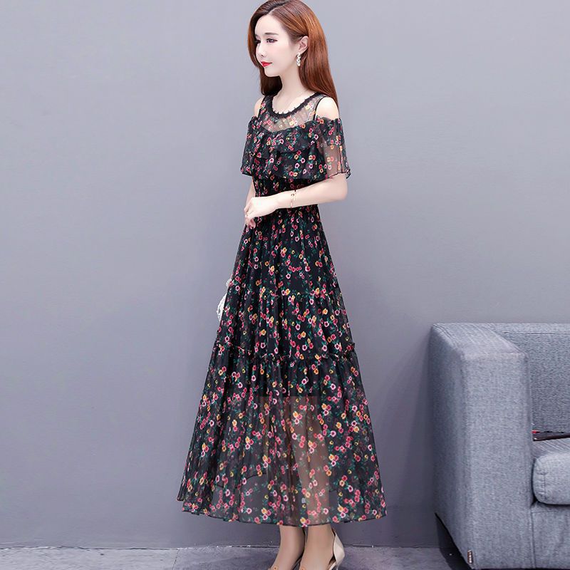 Spring And Summer New Style Off-shoulder Chiffon Floral Dress