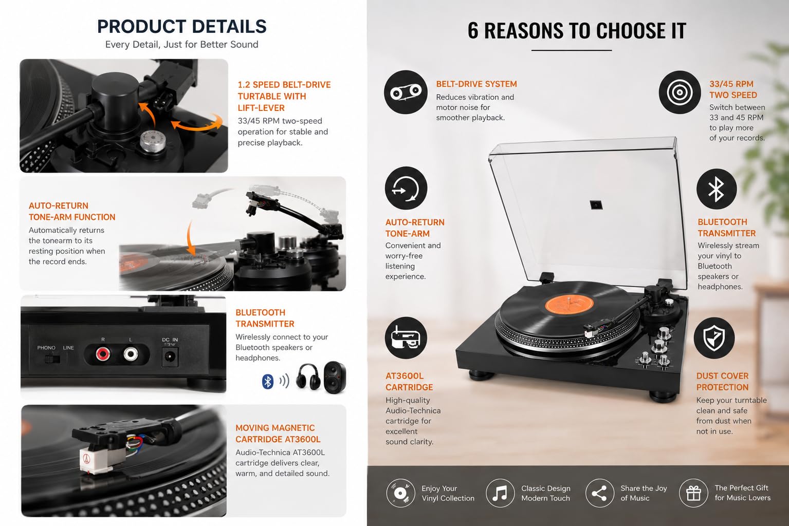 Belt Drive Turntable For Vinyl Record Player,Work With Bluetooth Speakers Or Act Turntables  Vinyl Audio — foto 4