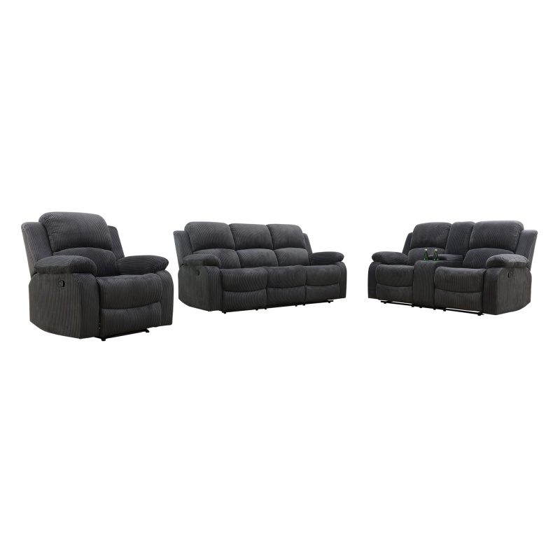 Pickup Only--Dark Grey Corduroy 3-Piece Living Room Recliner Sofa