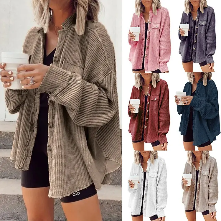 Women's Fall Winter Long Sleeve Waffle Knit Button Cardigan