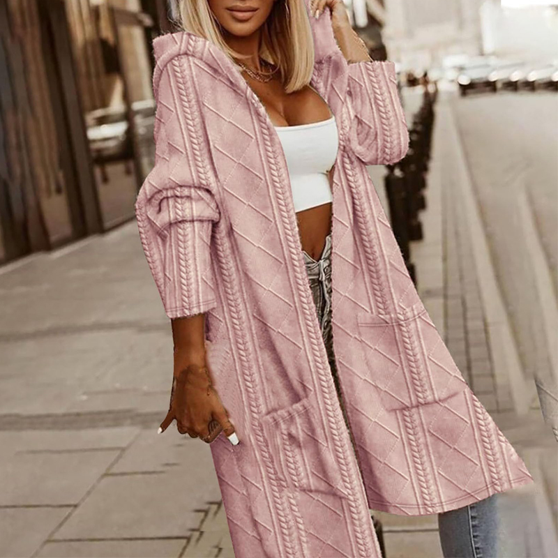 Women's Textured Hooded Longline Jacket, Solid Color Casual Oversized Top With Pockets For Fall & Winter Pink - Shop at LoveMi